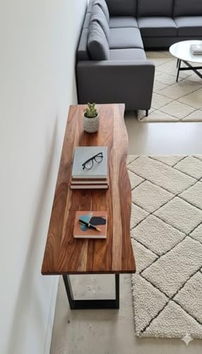 Image of Solid Sheesham Wood Console Table for Living Room | Entryway Hallway Sofa & Fish Tank Table | Handcrafted Wooden Accent Furniture for Foyer Corridor & Behind Couch | Light Walnut Finish