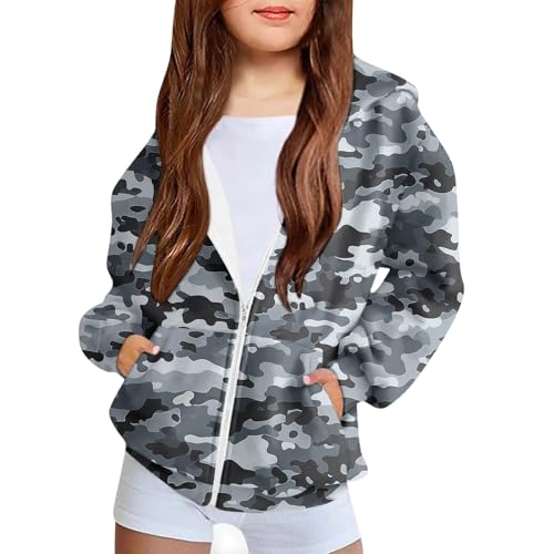 Girls Camouflage Zip Up Hoodie Fashion Casual Oversized Sweatshirts Long Sleeve Hooded Track Jacket with Pockets