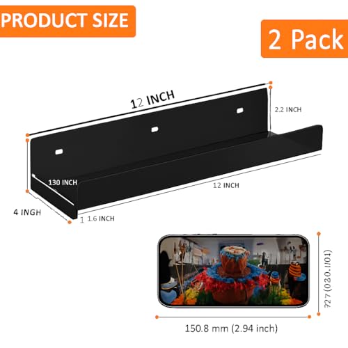 Image of Acrylic Floating Wall Shelves, 15 x 4 x 2.5 in, Clear, Set of 2, Modern Wall Mount Display Shelf (Black, 12 in, 2)