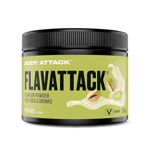 Body Attack Flavattack Pistazie, 250 g - nur 9 kcal/Portion - Intensives Flavour Pulver für Müsli, Rice Pudding, Haferflocken, Drinks etc. - Geschmackspulver ohne Palmöl, Aspartam, Gluten