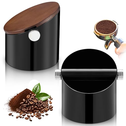 Reallnaive Espresso Knock Box with Walnut Lid for Coffee Grounds, Espresso Machine Accessory, Easy Disposal of Coffee Pucks, Removable Knock Bar(Black,Round)