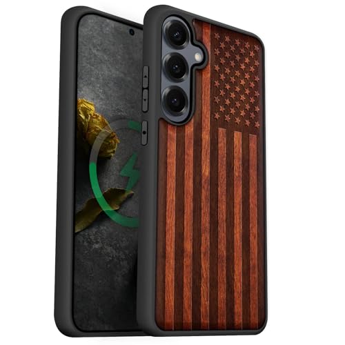 Carveit Magnetic Wooden Case for Samsung Galaxy S25 Case 2025, TPU Shockproof Cover & Wood Artisan Engraved, Compatible with MagSafe Wireless Chargers (American Flag) Rosy