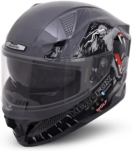 HEADFOX N2F Wolf Full Face Bluetooth Helmet for Bike | Waterproof Smart Helmet for Man & Women | ISI Certified | Built-in Bluetooth | Glossy Grey Medium (58 CM)