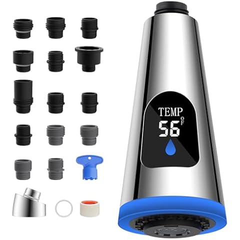 Universal Faucet Head Replacement 4 Function LED Temperature Display Pull Down Kitchen Faucet Head with 15 Adapters, Kitchen Sink Faucet Sprayer Head, Chrome Cover