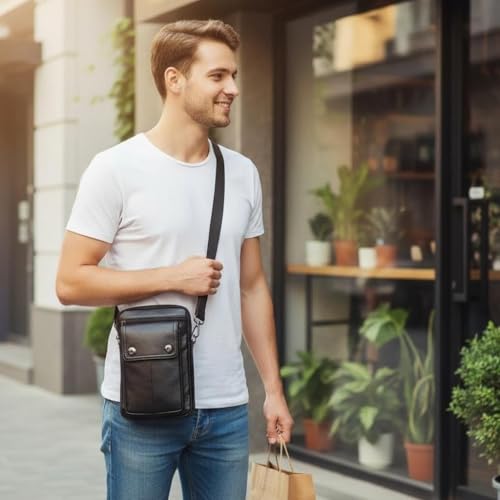 Męska nerka z prawdziwej skóry, nerka crossbody z szlufką na pasek, na telefon, mini torba podróżna, czarny1, Vintage