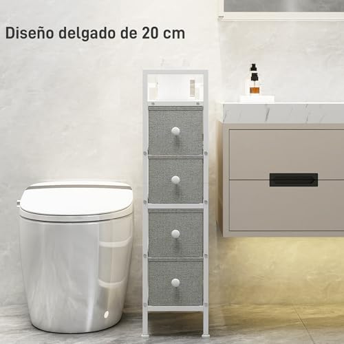 Miniatura 4 de Homcom Cómoda Con 4 Cajones De Tela, Cómoda Para Dormitorio Estrecha Con Marco De Acero, Cajonera Para Espacios Pequeños, Sala De Estar, Vestidor, Baño, Gris Claro
