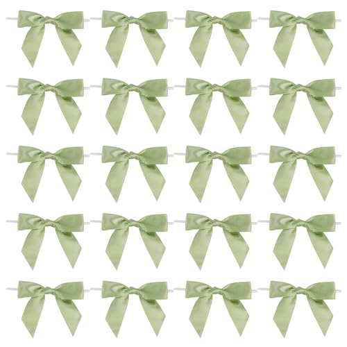 Hedayu 20 Pcs Sage Green Bows Green Bows for Gift Wrapping Satin Ribbon Bow with Twist Tie Green Gift Bow for Birthday Wedding Gift Wrapping Candy Treat Bags DIY Crafts