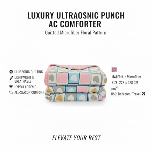 Image of IVAZA Luxury Ultrasonic Punch AC Comforter Blanket - Quilted Microfiber Floral Pattern, Lightweight Breathable All‑Season Blanket for Bedroom, Travel (Singled Bed,228x152 CM) (Pink Blue