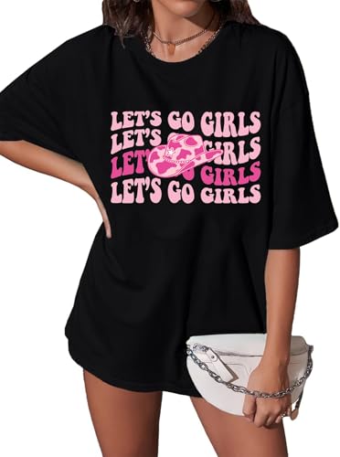 Oversized Let's Go Mädchen Shirts Frauen Western Cowgirls T-Shirt Cowboy Hut Stiefel Tee Braut Junggesellenabschied Top, Schwarz, Groß