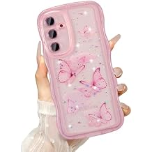 UEEBAI Wave Butterfly Case for Samsung Galaxy S23 FE Case, Pretty Bling Star Butterfly for Women Cute Shiny Glitter Phone Cover for Girls Bling Clear Cover Curly Shockproof Girly Shell - Pink