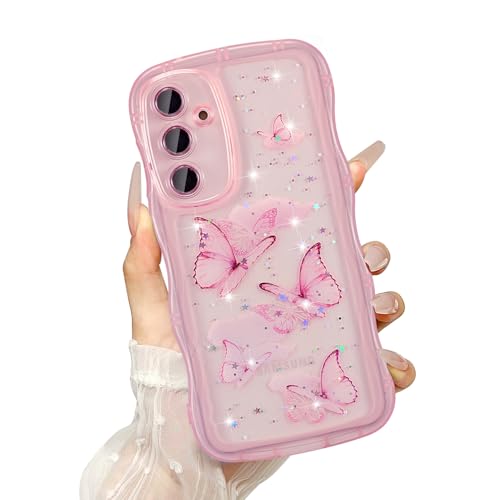 UEEBAI Transparent Coque pour Samsung Galaxy S20 FE 5G, Curly Wave Frame Étui en Silicone Liquide, Housse de Téléphone en Motif de Papillon Antichoc Bumper Cover pour Filles Femme, Rose