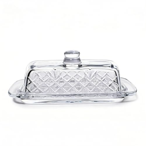 8''Glass Butter Dish with Lid,Clear Crystal Butter Container with Embossed Pattern,Cute Butter Dish...