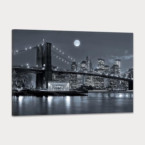 SKASNFAI New York City Canvas Wall Art Brooklyn Bridge Pictures Cityscape Artwork for Home Office Wall Decor Black and White Skyline Posters Prints Framed (12L x 16W)