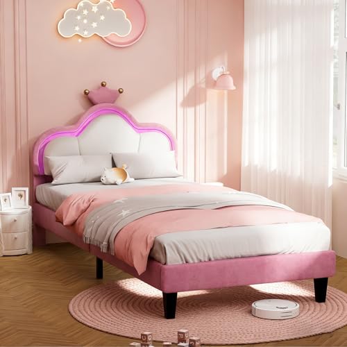 Artswish Polsterbett Kinderbett 90x200 cm, Mädchenbett Prinzessinnenbett mit Lichtleiste, Verstellbares Kopfteil, Bett mit Lattenrost (ohne Matratze), Einzelbett für Schlafzimmer, Loft, Rosa Lila