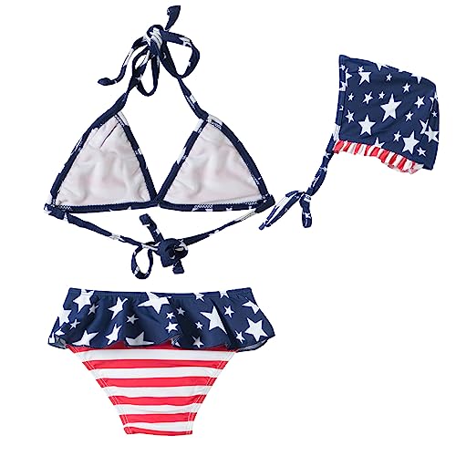 Mud Kingdom American Flag Independence Day Size 9-10 Swimsuits for Girls Beach 3 Piece Bikini with Hat Summer Holiday Navy Blue 4th of July2