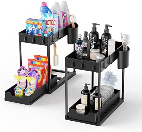 EWU 2 Pack Under Sink Organizers and Storage, 2 Tier Under Sliding Cabinet Basket Organizer Drawer, Multi-purpose Storage Shelf for Kitchen Bathroom Bedroom Office with Hanging Cup and 5 Hooks, Black