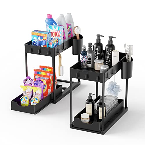 Ewu 2 Pack Under Sink Organizers And Storage, 2 Tier Under Sliding Cabinet Basket Organizer Drawer, Multi-Purpose Storage Shelf For Kitchen Bathroom Bedroom Office With Hanging Cup And 5 Hooks, Black #TOP1