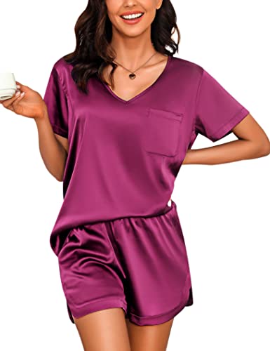 Litherday Pj Set For Women Silk Sleepwear Pjs For Women Set Women's Satin Pajamas Set Pjs Sleepwear Short Sleeve Sleep Set Dark Purple Large #TOP14