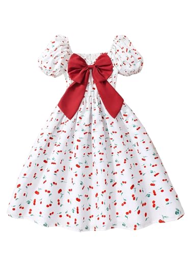 GORGLITTER Girl's Boho Floral Dress Bow Cherry Graphic Puff Short Sleeve A Line Swing Mini Dresses