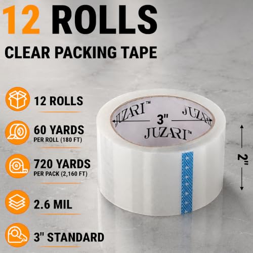 JUZARI 12 Pack Heavy Duty Packing Tape - 2 Inch Clear Big Tape Rolls for Moving Boxes, Shipping & Storage - Bulk Carton Sealing Mailing Refills - 2.6 Mil Thick, 60 Yards Per Roll, 720 Total Yards - Image 2