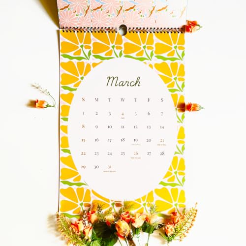 Image of 12 inchx18 inch Floral Wall Calendar 2026 | Full-Page Tile Patterns | Modern 2D Art | Matte Laminated | Indian Holidays | Wiro-Bound