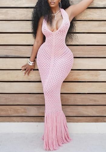 Womens Summer Crochet Halter Dress Knit Fringe Beach Cover up Swim Vacation Sexy Bodycon Maxi Dresses2