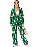Argyle Sweater Sets Women Button Up Knitted Cardigans High Waist Pants Geometric Pattern Oversize Wi