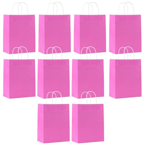 SHUBEIEUMI Paquete de 10 Bolsas de Regalo, Bolsas de Papel Kraft con Asas, 21 x 15 x 8 cm, Reutilizables Bolsas de Regalo para Embalaje Fiestas de Cumpleaños Bodas-Rojo Rosa
