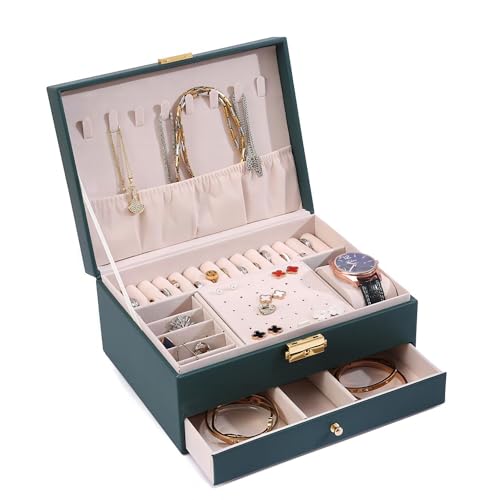Luxnwatts Jewelry Box for Women Girls 2 Layers Jewelry Organizer with Lock Storage Large Jewelry Boxes & Organizer for Necklaces Earrings Rings Bracelets (Green)