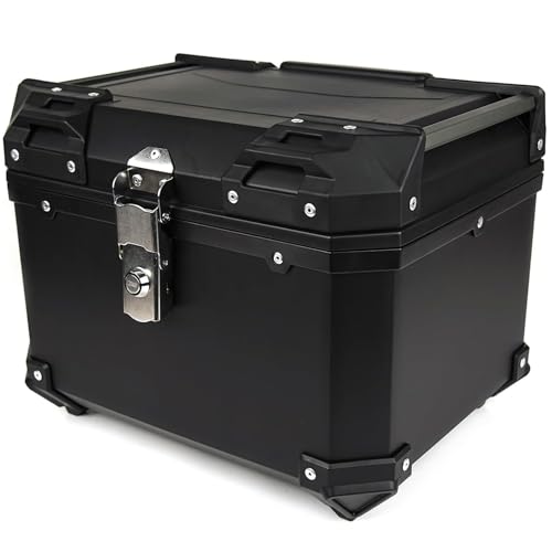 HI-LINE バイク リアボックス 45L トップケース 汎用 ABS製 キーロック付き 防水 防塵 大容量 取付ベース付 バックレスト付き バイクボックス トップボックス 原付/スクーター/カブ対応 簡単取付 (黒, 45L)