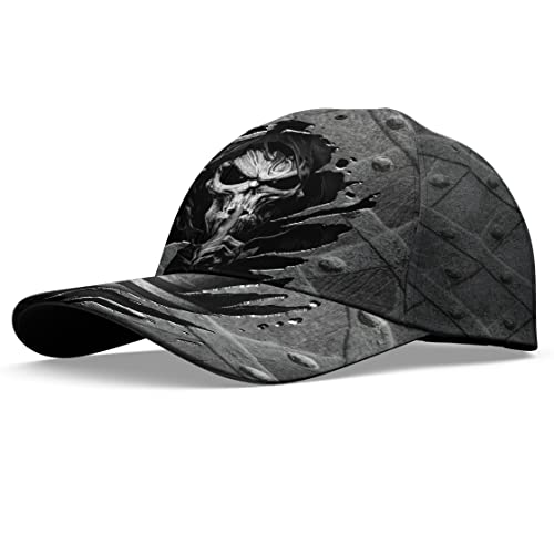 Image of Skull Baseball Cap for Men, Grim Reaper Death Crack Old Metal with Flag, Men's Hat, Adjustable Motorcycle Soft Caps