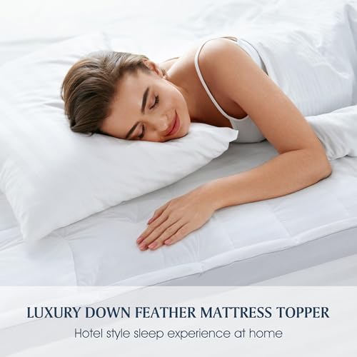 Blue Ridge Home Fashions Pillowtop Mattress Topper King Size, Luxury 5 Inch Thick Overfilled White Down Feather Mattress Pad 233 Thread Count 100% Cotton Featherbed Cover