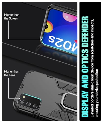 Image of WOW IMAGINE Shock Proof Back Case Mobile Cover for Samsung Galaxy M02s | F02s | A02s (Armor | Hybrid PC + TPU | Full Protection with Ring Holder Kickstand | Carbon Black)