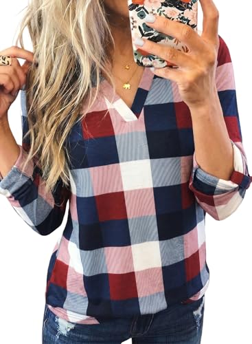 Dokotoo Womens Spring Fall Fashion Casual Ladies Basic Cotton Cuffed 3/4 Long Sleeve Plaid Print V Neck Work Tunic Tops and Blouses Shirts for Women 2025