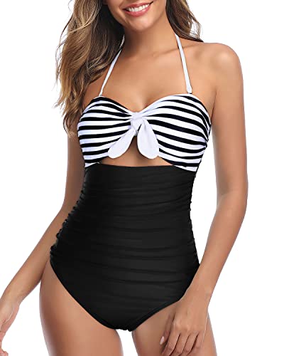 Image of Tempt Me Women Sexy Cutout One Piece Swimsuits Tummy Control High Waisted Halter Front Tie Knot Bathing Suit
