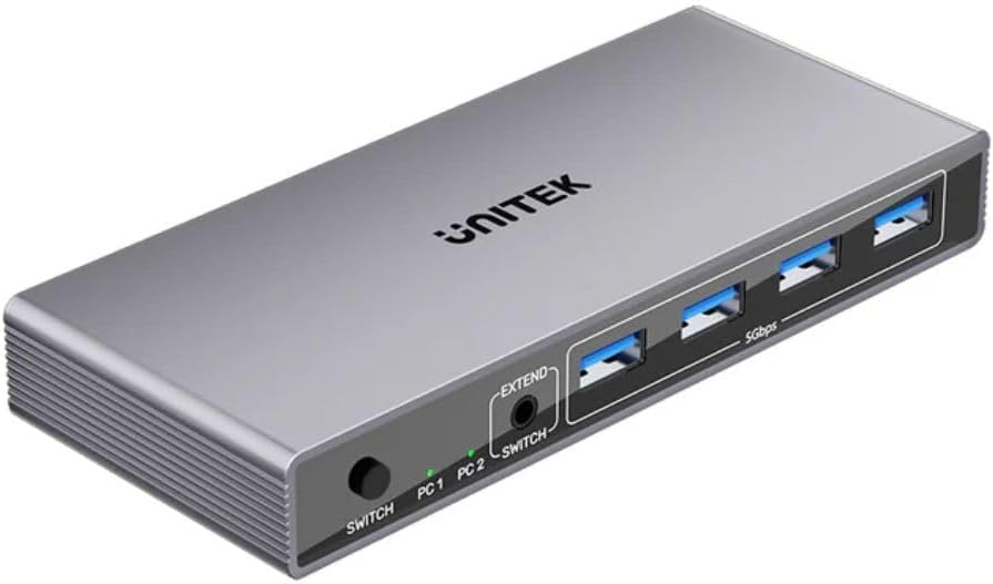 5Gbps HDMI KVM Switch – Dual Computer Sharing Switch with USB 3.0 High-Speed Data Transfer, 4K@60Hz Video Support, One-Button Switching, and Space Grey Aluminum Design