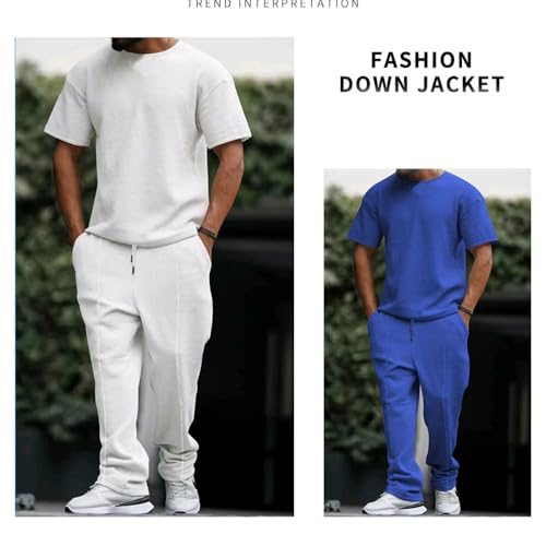 Mens Casual Solid Color Two Piece Suit, Waffle Round Neck Short Sleeve Top and Athletic Drawstring Jogging Pant with Pockets2