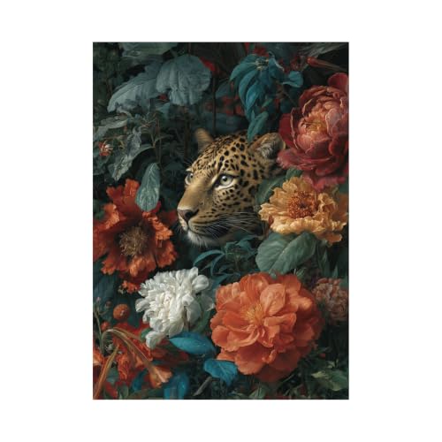 Affiche léopard fleurs colorées pour salon chic 70x100cm