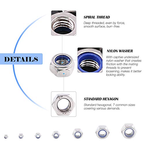 Glarks 175Pcs Metric 304 Stainless Steel Nylon Lock Nut Assortment Kit - M3 M4 M5 M6 M8 M10 M12 #TOP3