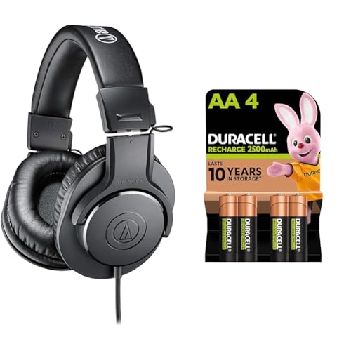 Audio-Technica M20x Professional Monitor Headphones Black & Duracell Rechargeable AA Batteries (Pack of 4), 2500 mAh NiMH, pre-charged, Our No. 1 Longest Lasting Rechargable battery