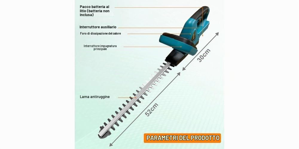 Tagliasiepi a Batteria compatible with Makita 18V, Lama 52 cm, Passo Denti 20 mm, Blu, Leggero 2,2 kg, Senza Batteria