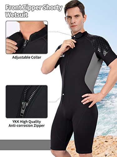 Owntop 3Mm Shorty Wetsuit For Men - Neoprene Diving Suits Stretch Short Sleeve One Piece Dive Skin Front Zip Upf50+ Thermal Swimwear For Surfing Swimming Snorkeling Water Sports, Gray Xl #TOP2