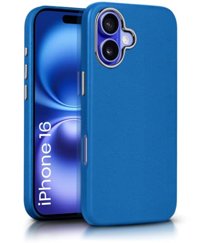 Image of WOW IMAGINE Back Cover for iPhone 16 | Shockproof Tough Leather Texture Hard Mobile Case | Ultra Slim Non-Slip Grip | Inner Velvet Fabric | Metal Camera Ring - Blue