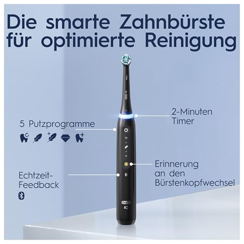 Oral-B iO Series 5 Elektrische Zahnbürste/Electric Toothbrush, Doppelpack, Magnet-Technologie, 2 Aufsteckbürsten, 5 Putzmodi für Zahnpflege, LED-Anzeige & Reiseetui, Designed by Braun, Schwarz/Weiß – Bild 5