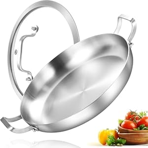 14-Inch Tri-Ply Stainless Steel Paella Pan with Lid,Large Skillet,Griddle,Large Saute Pan with Lid,Jumbo Cooker,Induction Pan,Dishwasher and Oven Safe.