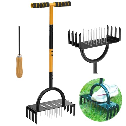 Manual Lawn Aerator 2-in-1 Aerator with 16 Spikes& 8 Cores 98cm Lightweight Grass Aerator Tools for Yard Lawn Aeration Garden Tool Revives Lawn Health L28xW12xH8cm Aeration Area