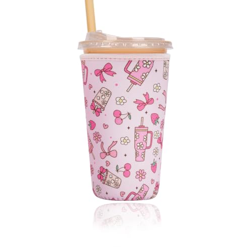 Image of Reusable Insulated Sleeve for Iced Coffee Cup, Coffee Neoprene Sleeve for Cold & Hot Drinks, Beverage Holder for Iced Coffee (Pink Ribbons, Large: 32oz)