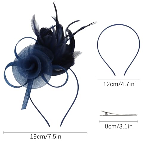 AMCAMI Fascinators Hats with Feather for Women 2025 Derby Hats Tea Party Hat with Headband and Clip Navy Blue