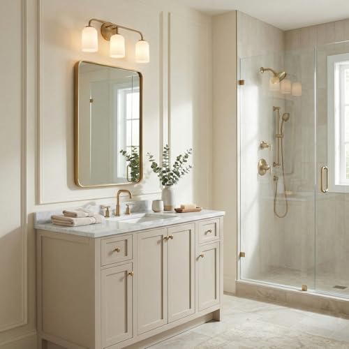 Image of HomePlace Lighting 148831AD-542 Lawson Transitional Soft White Glass Bell Vanity Light for Bathroom, 3-Light 300 Total Watts, 10 inch H x 24 inch W, Brass