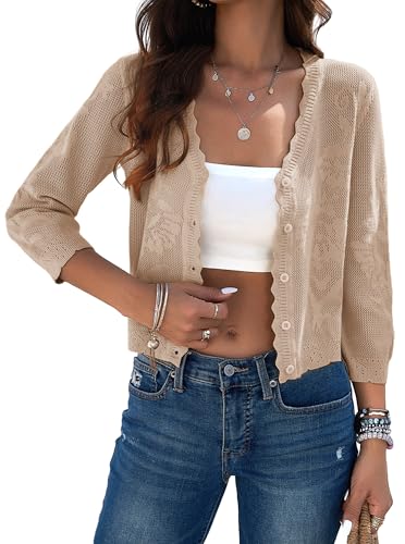 Image of Women Crop Cardigan Sweaters Lightweight 3 /4 Sleeve Button Up Crochet Shrug | Textured Bolero For Dresses Dressy Casual, V Neck, Ladies Eyelet Shawl Thin Trendy
